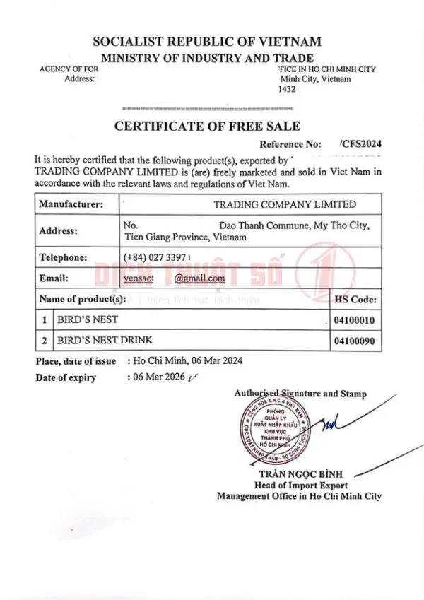 Mẫu dịch thuật công chứng giấy chứng nhận tự do lưu hành sang tiếng Anh