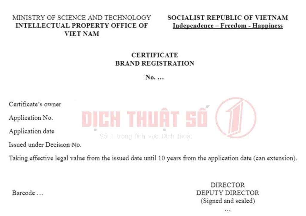 Mẫu dịch giấy chứng nhận đăng ký nhãn hiệu sang tiếng Anh chuẩn xác