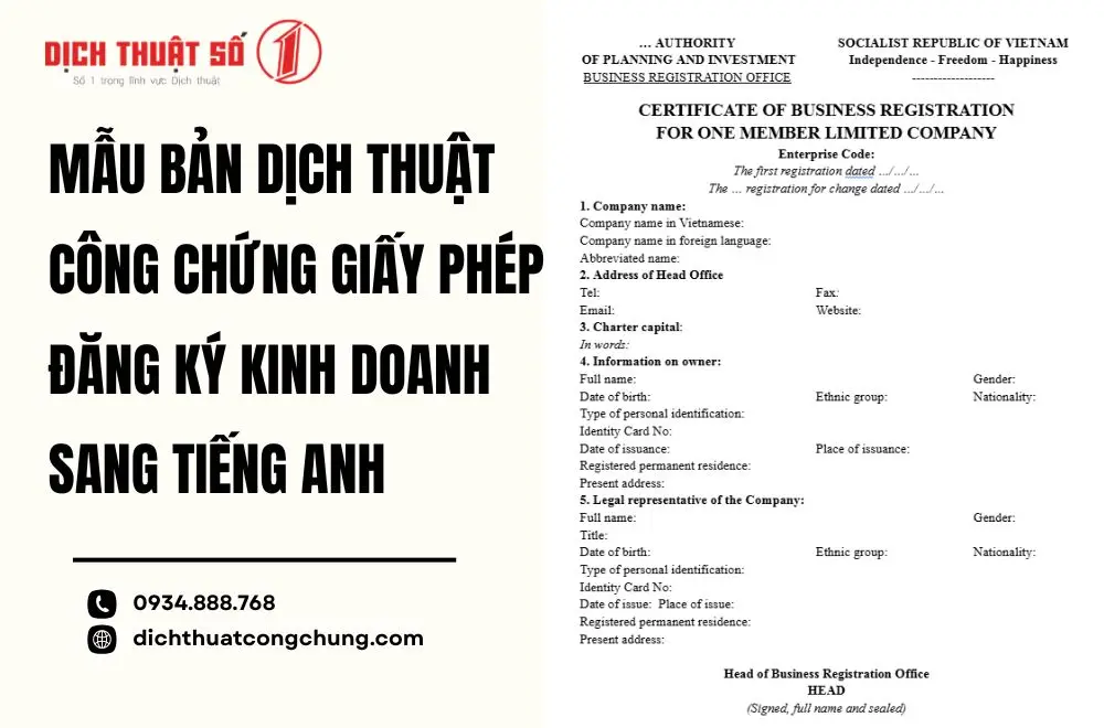 Mẫu bản dịch thuật công chứng giấy phép đăng ký kinh doanh sang tiếng Anh