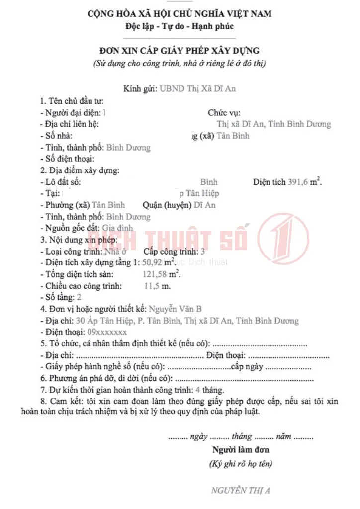 Mẫu dịch thuật công chứng giấy phép xây dựng gồm những nội dung gì?