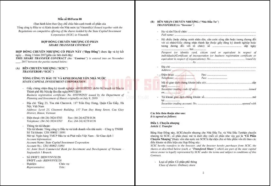 Mẫu dịch thuật hợp đồng chuyển nhượng cổ phần song ngữ Anh - Việt