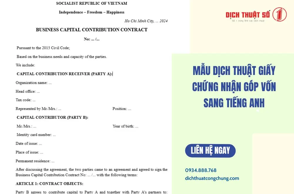 Mẫu dịch thuật giấy chứng nhận góp vốn sang tiếng Anh