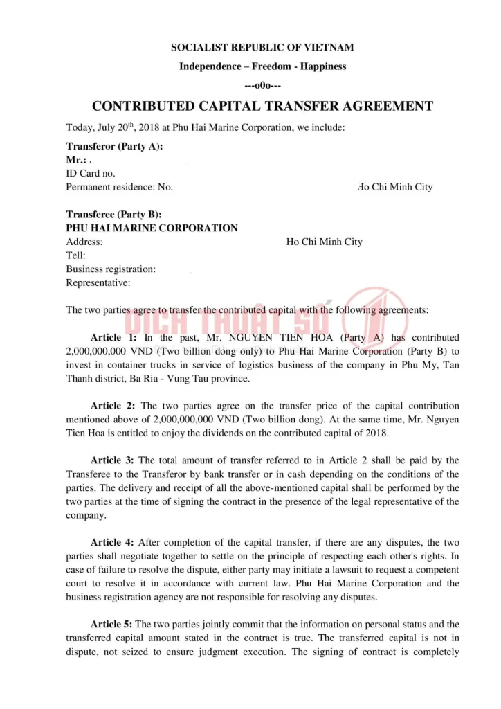 Mẫu dịch thuật hợp đồng góp vốn sang tiếng Anh