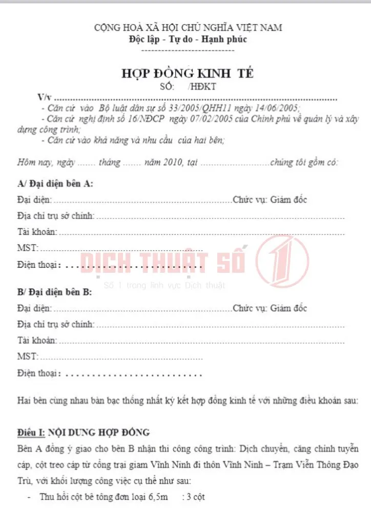 Các loại hợp đồng kinh tế thường cần được dịch thuật công chứng