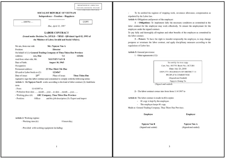 Mẫu dịch thuật hợp đồng lao động song ngữ Anh - Việt