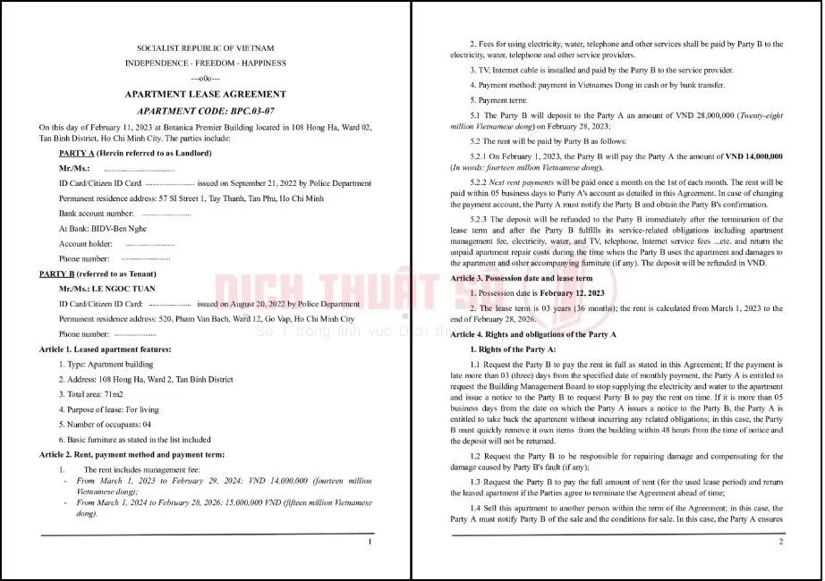 Mẫu hợp đồng thuê nhà bằng tiếng Anh