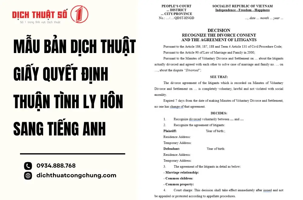 Mẫu dịch thuật quyết định ly hôn bằng tiếng Anh
