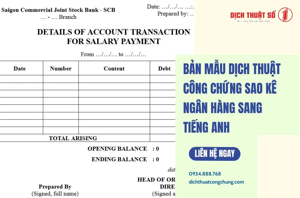 Bản mẫu dịch thuật công chứng sao kê ngân hàng sang tiếng Anh
