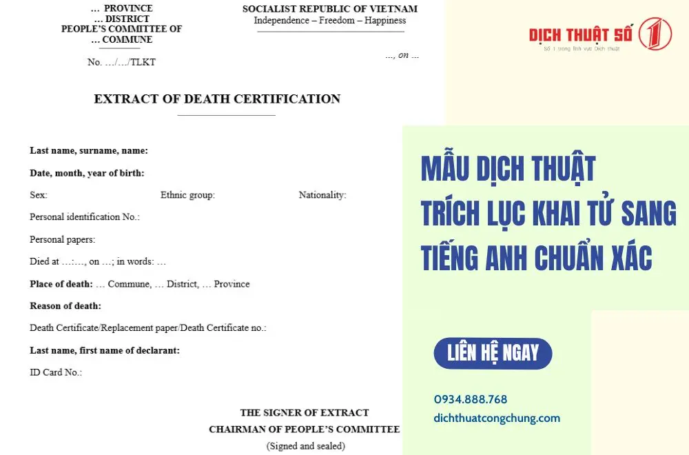 Mẫu dịch thuật trích lục khai tử sang tiếng Anh chuẩn xác
