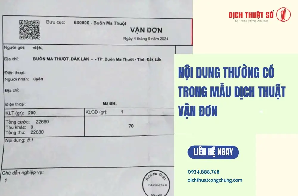Nội dung thường có trong mẫu dịch thuật vận đơn